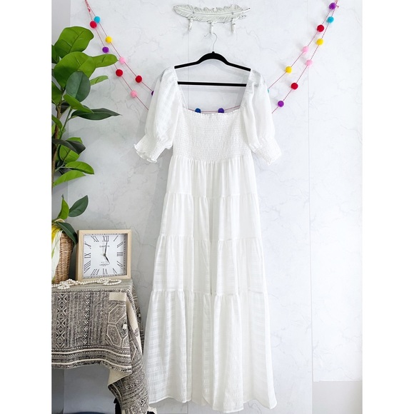 Altar'd State LARGE White Smocked Puff Sleeve Tiered Cottagecore Maxi Dress - Picture 4 of 6